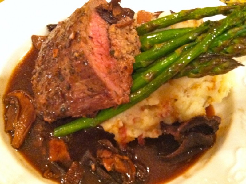 Seared Flank Steak, Stuffed with Lump Crabmeat and Goat Cheese