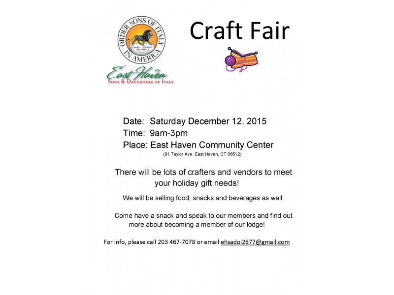 CRAFT FAIR - SATURDAY, DEC. 12TH | East Haven, CT Patch