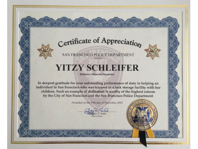 Shomrim of Baltimore Dispatcher Honored by San Francisco 